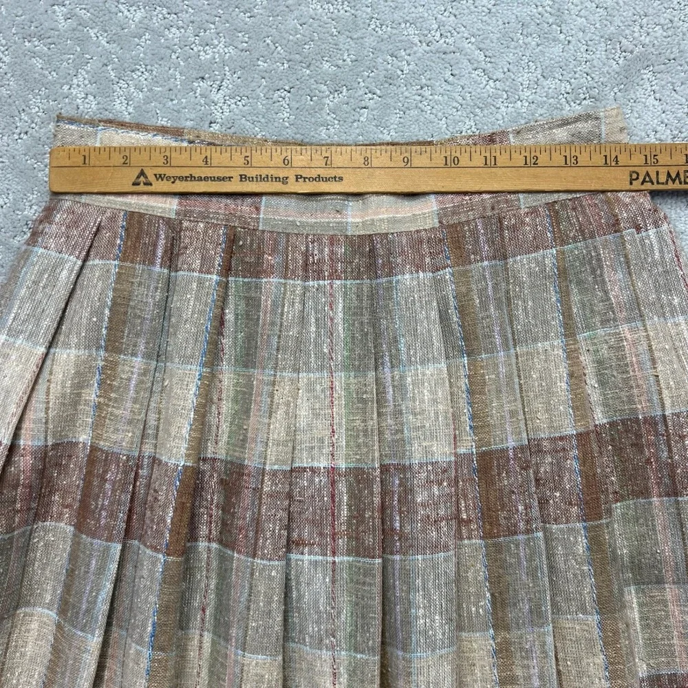 VINTAGE Louben Midi Skirt Womens Size 13/14 Brown Tan Plaid Pleated Linen Blend